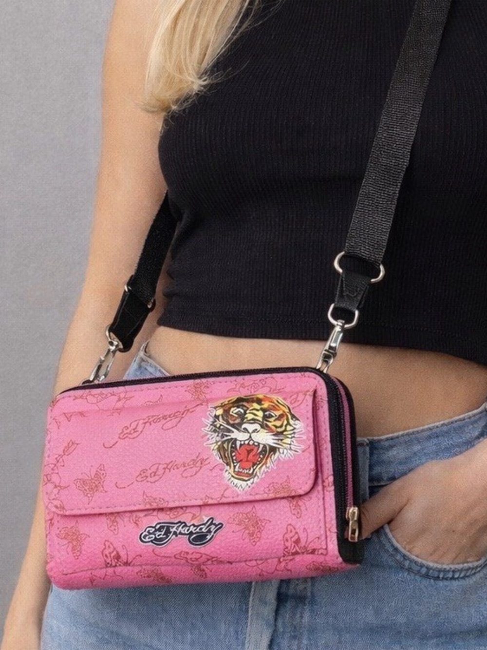 Ed Hardy Pink Tiger Print Crossbody Bag with Black Strap